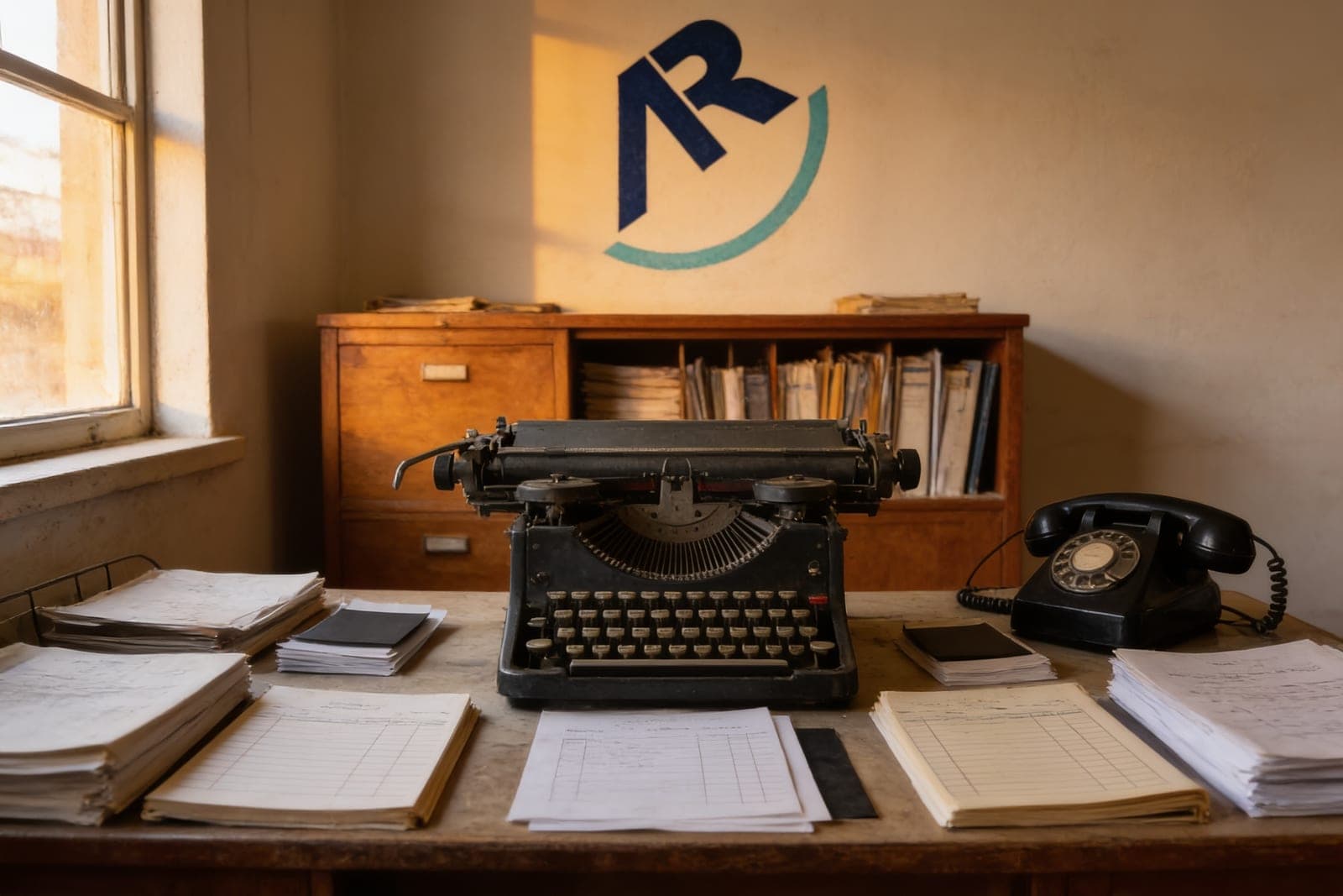 Mesa de escritório contábil em 1972: máquina de escrever, livros-razão e telefone de disco, com o letreiro pintado da AR na parede
